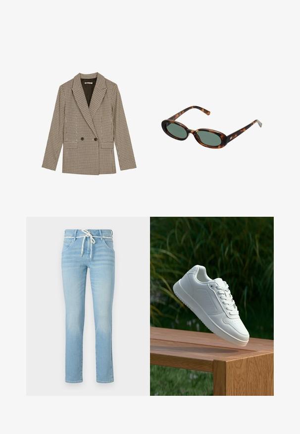 Kaksirivinen jakku ruskeassa ja mustassa ruudullisessa kuosissa, jossa on viistetyt läpät, sivutaskut ja hieman teksturoitu kangas.; Musta hihaton paita ribbikankaasta, jossa on pyöreä kaula-aukko ja istuva muoto. Tasasaumat ja ei koristeita. Yksinkertainen ja tyylikäs muotoilu.; Vaaleansiniset farkut, joissa on suora lahje, valkoisella nyörillä vyötäröllä ja hienovaraiset haalistumat kauttaaltaan.; Valkoiset tennarit, joissa on sileä synteettinen päällinen, rei'itetty varvasosa, litteät nauhat ja teksturoitu pohja, esillä puupinnalla.; Kilpikonnakuosisuntit, joissa on soikeat kehykset ja vihreät linssit. Ominaisuuksiin kuuluu ohuet varret, joissa on metallinen korostus saranan lähellä.; Ruskea nahkainen olkitasku, jossa on kaksinkertaiset kahvat, erottuva ommel ja tilava muotoilu, sopii jokapäiväiseen käyttöön.