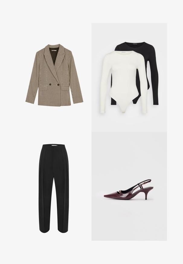 Dubbelzijdig blazer in een bruin en zwart geruit patroon, met gesneden revers, zijzakken en een licht gestructureerde stof.; Twee lange mouw bodysuits in wit en zwart. Gemaakt van soepele stof, met ronde halslijnen en een stringonderkant voor een gestroomlijnde pasvorm.; Zwarte wijde broek met hoge taille, met een soepele textuur en twee plooien aan de voorkant. Ontworpen met een strakke, op maat gemaakte uitstraling.; Bordeaux slingback hakken met een spitse neus, glanzende leren afwerking, kleine uitsnijding aan de voorkant en een slanke stilettohak met gouden accenten.