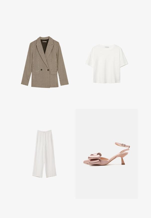 Dvojřadý blazer s hnědo-černým kostkovaným vzorem, vyznačující se klopami, bočními kapsami a mírně texturovanou tkaninou.; Bílý krátký rukáv tričko vyrobené z bavlny. Má kulatý výstřih a volný střih. Hladký materiál bez viditelných vzorů nebo akcentů.; Bílé široké kalhoty vyrobené z lehké tkaniny. Mají elastický pas se šňůrkou a boční kapsy. Hladká textura.; Růžová saténová lodička na vysokém podpatku s špičatou špicí, mašlovým detailem vpředu a úzkým řemínkem kolem kotníku. Podpatek má tvar zúženého bloku.