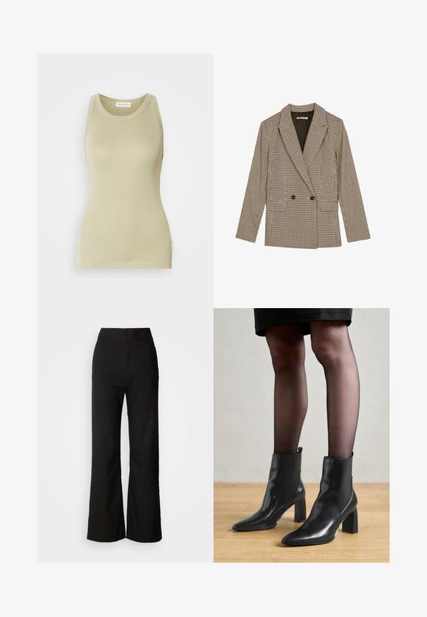 Prindi kahe nööbiga bleiser pruunide ja mustade ruuduline mustriga, millel on lõigatud krae, küljetaskud ja veidi tekstuuriga riie.; Kerge oliivroheline tank top, mis on valmistatud pehmest kangast. Omab ümarat kaelust ja ilma varrukateta disaini, millel on puhas viimistlus.; Mustad laiad püksid sujuva tekstuuriga, kõrge vöökoht ja puhas disain. Ei ole nähtavaid taskuid ega dekoreerimist.; Mustad mustad jalanõud terava ninaga, paksu ruudukujulise kontsaga ja saleda disainiga. Omavad elastseid külgpaneele mugavaks selga tõmbamiseks.