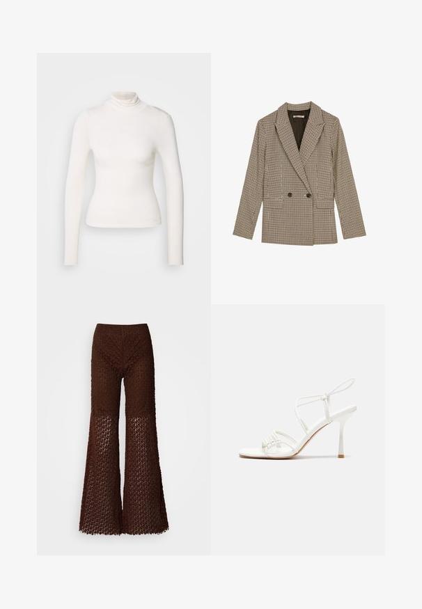 Double-breasted blazer in brown and black checked pattern, featuring notched lapels, side pockets, and a slightly textured fabric.; Long-sleeve turtleneck top in soft white fabric, fitted design with a seamless neck, no patterns or accents, smooth texture.; Brown crochet flared pants with a lacy pattern, featuring a textured finish and wide leg openings, designed for a loose fit.; White strappy high-heeled sandal with a flat toe base, textured front with gathered accents, and a slim ankle strap.