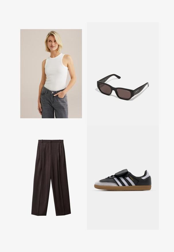 Sacou dublu în stil cu un model în carouri maro și negru, având rever cu tăietură, buzunare laterale și un material ușor texturat.; Top alb fără mâneci, cu un decolteu rotund, asociat cu blugi gri cu talie înaltă, având buzunare și închidere cu nasture.; Pantaloni largi din stofă de culoare maro închis. Caracteristicile includ pliuri în față, un tiv cu bucle pentru curea și buzunare laterale. Textură netedă.; Tenisi din piele neagră și suede gri, cu dungi albe, talpă din cauciuc caramel, șireturi la față și curea Velcro. Prezintă branding-ul "Samba" în aur.; Ochelari de soare negri, dreptunghiulari, cu lentile întunecate. Au un cadru din plastic neted și detalii cu logo pe tijă. Design curat, modern.