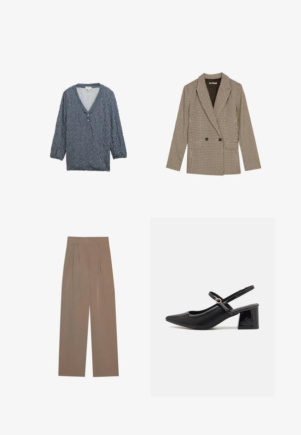 Doppelt komfortabler Blazer im braun-schwarz karierten Muster mit geknöpften Revers, Seitentaschen und einem leicht strukturierten Stoff.; Blaue gemusterte Bluse mit Dreiviertelärmeln, V-Ausschnitt und Knopfverschluss. Leichter Stoff mit strukturiertem Muster und gerafften Manschetten.; Braune plissierte Hosen im weit geschnittenen Design, mit einem flachen Bund und seitlichen Taschen, aus einem leichten Stoff gefertigt.; Schwarze Lackleder-Slingback-Absätze mit spitzer Zehenform, einem runden Ausschnitt-Design und einem Blockabsatz. Mit einem goldfarbenen Schnallenakzent.
