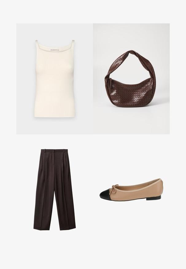 Blazer doppiopetto in tessuto a scacchi marrone e nero, con rever a punta, tasche laterali e un tessuto leggermente texturizzato.; Top aderente a righe di colore crema con spalline sottili e scollatura a girocollo, caratterizzato da una texture liscia e una forma aderente.; Pantaloni a gamba larga in tessuto marrone scuro. Le caratteristiche includono pieghe davanti, una vita con passanti per cintura e tasche laterali. Tessuto dalla superficie liscia.; Ballerine in pelle beige con punta nera. Presenta un dettaglio a fiocco sul davanti e una texture liscia. Design a profilo basso con suola in gomma.; Borsa in pelle intrecciata marrone con manico curvo annodato e chiusura con zip. Texture liscia e forma arrotondata.