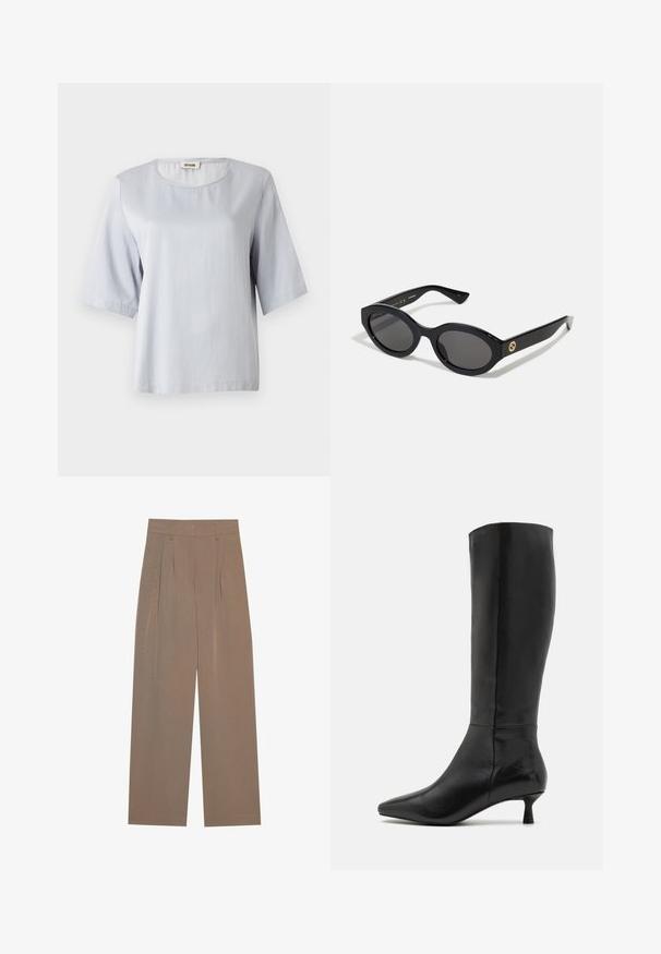 Blazer de dupla face em padrão quadriculado castanho e preto, apresentando lapelas com recortes, bolsos laterais e um tecido ligeiramente texturizado.; Top curto de mangas curtas cinza claro com decote redondo, feito de um tecido suave. Design simples com um corte solto, apresentando bordas limpas e sem adornos.; Calças castanhas plissadas com um design de perna larga, apresentando uma cintura plana e bolsos laterais, feitas de um tecido leve.; Zign Botas - black; Óculos de sol ovais pretos com lentes escuras e armação de plástico brilhante. Apresenta um logotipo dourado na haste, oferecendo um design elegante e moderno.