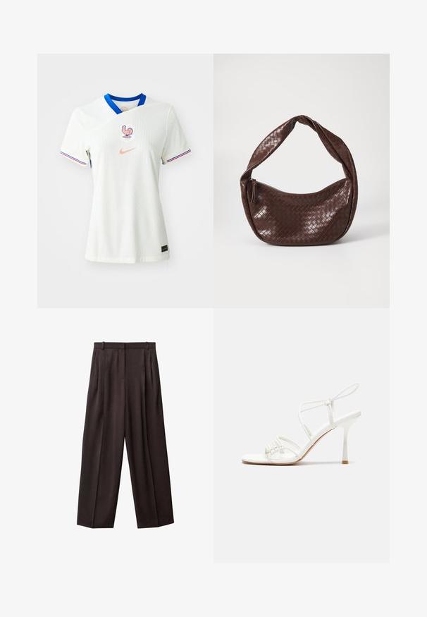 Dvoredni sako u smešano-crnoj kockastoj šari, s reverima, bočnim džepovima i blago teksturiranim materijalom.; Bijela nogometna majica Nike s plavim ovratnikom, koja sadrži emblem pijetla i "FFF" logotip, te crveno-plave pruge na rukavima.; Široke hlače od tamnosmeđeg materijala. Značajke uključuju plisse sprijeda, pojas s petljama za remen i bočne džepove. Glatka tekstura.; Bijele sandale s visokom potpeticom i trakama, ravno oblikovanim prstima, teksturiranim prednjim dijelom s naboranim detaljima i uskom trakicom oko gležnja.; Smeđa pletena kožna torba s zakrivljenom, čvoranom ručkom i zatvaranjem na patentni zatvarač. Glatka tekstura i zaobljeni oblik.