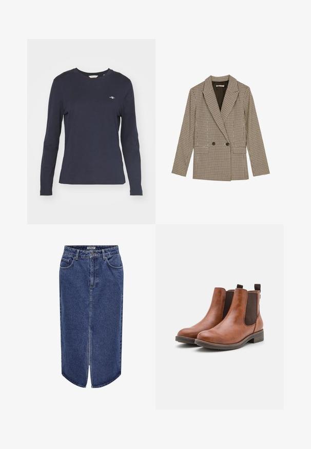 Dobbeltknappet blazer i brun og sort ternet mønster, med klapkrave, sidelommer og et let struktureret stof.; Marineblå langærmet t-shirt lavet af bomuld, med rund hals og et lille logo på venstre bryst. Glat tekstur.; Denimnederdel med mid-length snit, mørkeblå vask, forkantsslids og klassisk fem-lomme design, med knap- og lynlås lukning.; Brune læder ankelstøvler med elastiske sidepaneler, rund tå og en lav træhæl. Har en løkke til nem påtagning.