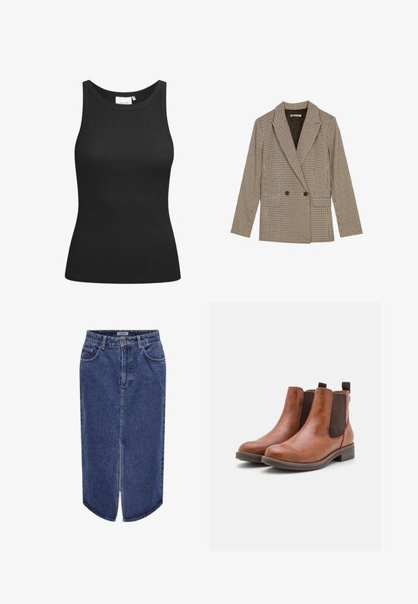 Dwurzędowa marynarka w brązowo-czarną kratę, z klapami, bocznymi kieszeniami i lekko teksturowanym materiałem.; Czarny top na ramiączkach wykonany z prążkowanej tkaniny, z dekoltem w kształcie łódki i dopasowanym krojem. Płaskie szwy i brak ozdób. Prosty i elegancki design.; Dżinsowa spódnica o średniej długości, w ciemnoniebieskim odcieniu, z rozcięciem z przodu i klasycznym fasonem pięciu kieszeni, z zapięciem na guzik i zamek.; Brązowe skórzane botki za kostkę z elastycznymi panelami bocznymi, zaokrąglonym noskiem i niskim drewnianym obcasem. Posiadają pętelkę ułatwiającą zakładanie.