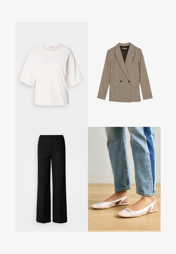 Dvoredni blejzer v rjavi in črni karirani vzorec, z oživljenimi reverji, stranskimi žepi in rahlo teksturirano tkanino.; Bela bombažna majica s sproščenim krojem, kratkimi nastavljivimi rokavi, okroglo ovratnikom in gladko teksturo. Preprost, minimalisticen dizajn.; Črne široke hlače iz gladkega materiala, z visokim pasom, krojenimi šivi in minimalističnim dizajnom. Brez vidnih zakov ali žepov.; Svijetloružičaste slingback balerinke s šiljastim nožnim prstima, napravljene od glatkog materijala nalik koži. Imaju izrezane detalje sa strane i ravne pete.