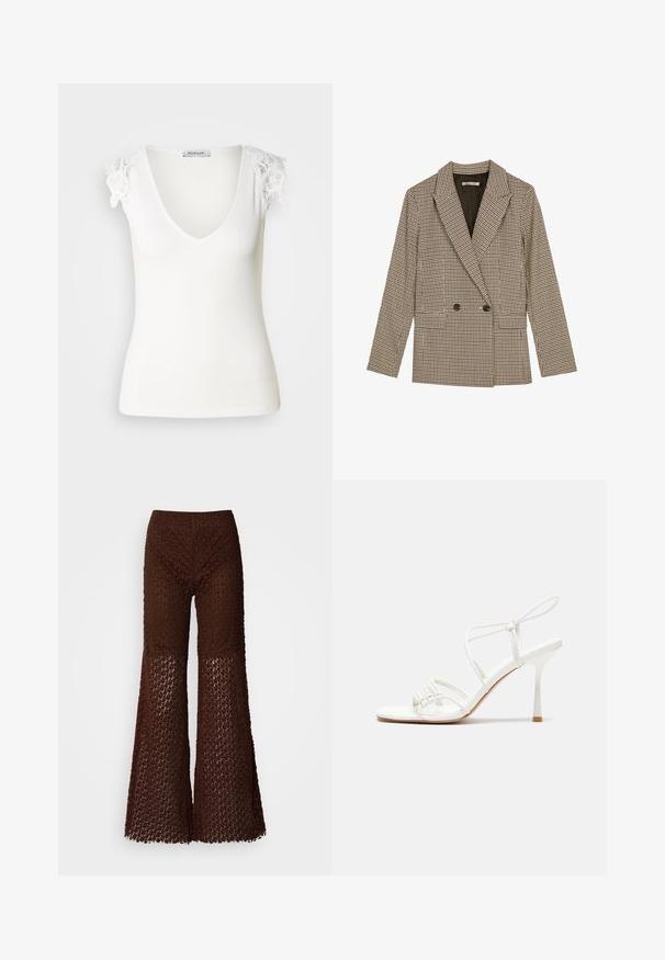 Dubbelknäppt kavaj i brunt och svart rutmönster, med slagkrage, sidofickor och ett lätt strukturerat tyg.; Vit ribbad linne med V-ringning och blommönstrade spetsdetaljer på axlarna. Slät textur, figurnära design. Varumärkesetikett synlig invändigt.; Bruna virkad vida byxor med ett spetsmönster, som har en texturerad yta och breda benöppningar, designade för en lös passform.; Vit remsandaler med hög klack, platt tårbas, strukturerad framdel med rynkade detaljer och en smal vristrem.