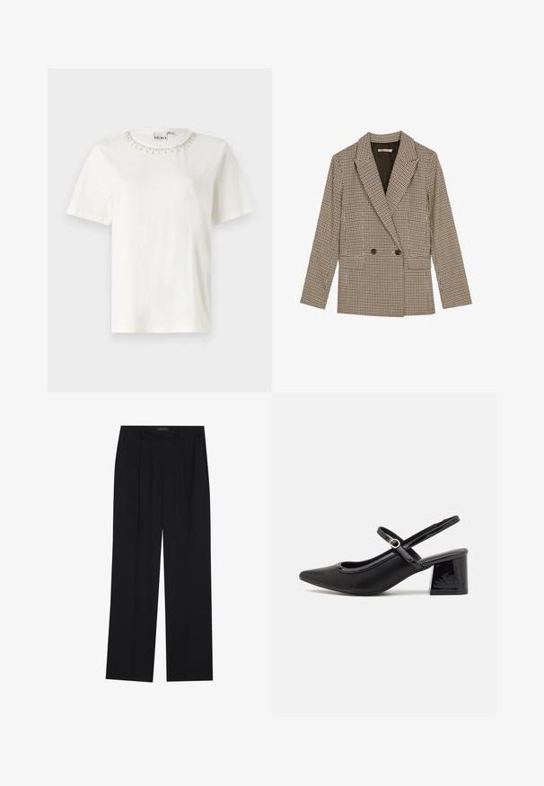 Dvigubo užsegimo švarkas rudos ir juodos languotos raštą, su išpjautomis apykaklėmis, šoninėmis kišenėmis ir šiek tiek tekstūruotu audiniu.; Balta medvilninė marškinė su trumpomis rankovėmis, apvaliu kaklu, puoštas karoliukais aplink apykaklę. Paprastas, nepuošnus kūno dizainas.; Juodos kelnes su tiesiomis sijonais, turinčios dvi priekinės kišenės ir juosmenį. Pagamintos iš lygios, lengvos medžiagos.; Juodi patentinio odos slingback aukštakulniai su smailiu pirštu, apvaliu išpjovimu ir blokiniu kulnu. Papuošti auksiniu juostos akcentu.