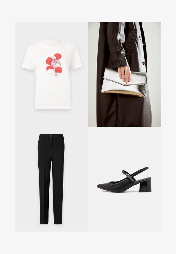 Doppelt komfortabler Blazer im braun-schwarz karierten Muster mit geknöpften Revers, Seitentaschen und einem leicht strukturierten Stoff.; Weißes Baumwoll-T-Shirt mit einem Druckdesign von roten Blättern mit feinen Linien. Enthält den Text "TOM TAILOR" unter dem Grafik.; Schwarze, maßgeschneiderte Hose mit geradem Bein, ausgestattet mit einem Knopfverschluss und Gürtelschlaufen, aus glattem Stoff gefertigt.; Schwarze Lackleder-Slingback-Absätze mit spitzer Zehenform, einem runden Ausschnitt-Design und einem Blockabsatz. Mit einem goldfarbenen Schnallenakzent.; Silberner metallischer Clutch mit einem eckigen Umschlagdesign, glatter Textur und kontrastierender Innenfarbe, gehalten in einer Hand, die einen schwarzen Mantel trägt.