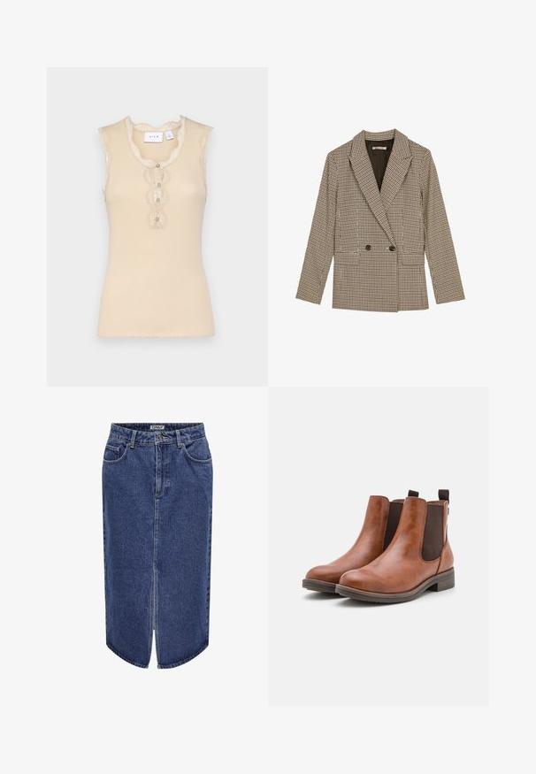 Kettős gombolású blazer barna és fekete kockás mintával, melynek a nyaka jellegzetes, oldalsó zsebei vannak, és enyhén textúrált anyagból készült.; Bej hosszú ujj nélküli felső csipke díszítéssel, ívelt nyakkivágással és három díszgombbal elöl. Bordázott textúra, puha anyag.; Sötétkék mosású, középhosszú denim szoknya, elöl hasítékkal és klasszikus ötpocket dizájnnal, gombos és cipzáras záródással.; Barna bőr bokacsizma rugalmas oldalpanellel, kerek orral és alacsony fából készült sarokkal. Egy hurokfül segíti a könnyű felhúzást.