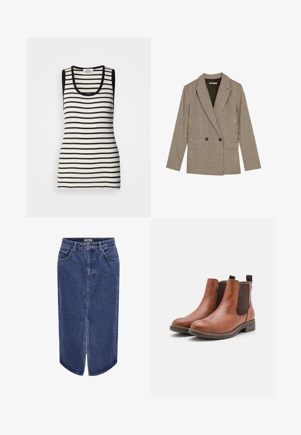 Doppelt komfortabler Blazer im braun-schwarz karierten Muster mit geknöpften Revers, Seitentaschen und einem leicht strukturierten Stoff.; Ärmelloses Tanktop mit schwarz-weiß gestreiftem Muster, gerippter Textur und rundem Halsausschnitt. Schwarze Besätze an den Schultern und am Halsausschnitt.; Jeansrock mit mittellanger Passform, dunkler Waschung, vorderem Schlitz und klassischem fünf-Taschen-Design, ausgestattet mit einem Knopf- und Reißverschluss.; Braune Leder-Stiefeletten mit elastischen Seitenpaneelen, runder Zehenpartie und niedrigem Holzabsatz. Mit einer Schlaufe für einfaches Anziehen.