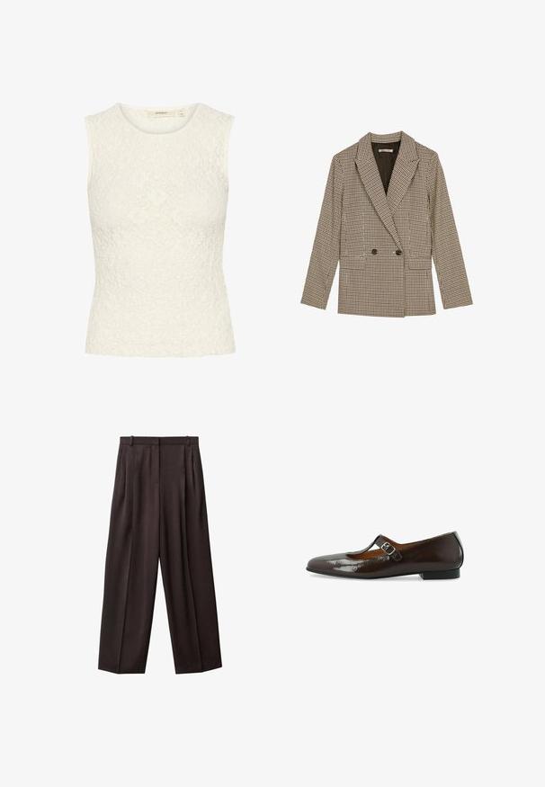 Blazer doppiopetto in tessuto a scacchi marrone e nero, con rever a punta, tasche laterali e un tessuto leggermente texturizzato.; Top senza maniche in tessuto pizzo bianco con un motivo floreale testurizzato. Design aderente, scollatura rotonda e bordi dell'orlo lisci.; Pantaloni a gamba larga in tessuto marrone scuro. Le caratteristiche includono pieghe davanti, una vita con passanti per cintura e tasche laterali. Tessuto dalla superficie liscia.; Scarpe Mary Jane piatte in vernice marrone con punta arrotondata, cinturino con fibbia e tacco basso, caratterizzate da una superficie liscia e lucida.