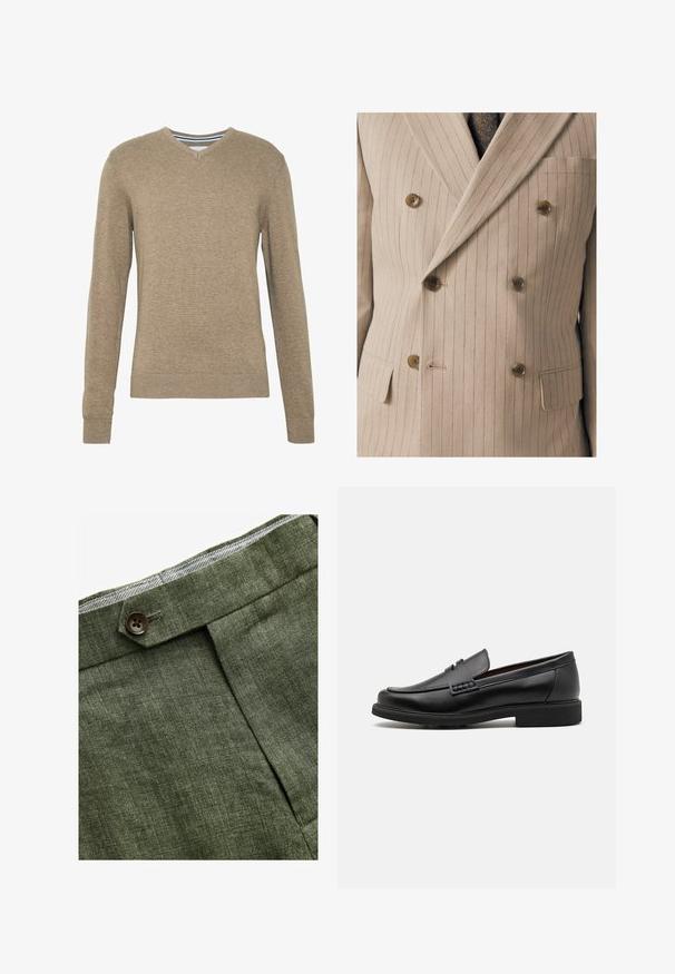 Beige dobbeltbrystet jakkesætjakke med fine lodrette striber, der har træknapper, en brystlomme og struktureret stof.; V-hals sweater lavet af blødt, lysebrunt strikstof med lange ærmer samt ribbede manchetter og kant. Subtil struktur i hele stoffet.; Hvid bomulds T-shirt med rund halsudskæring, båret med marineblå plisserede bukser og et brunt læderbælte med en guldbuckle.; Olivenfarvede linnedbukser med en frontfold, prydet med en knaplukning og et kontrastfarvet ternet for i taljebåndet.; Sorte syntetiske loafers med en fremtrædende syet front, polstret indersål og flad gummiydersål; slankt design med minimal detaljer.