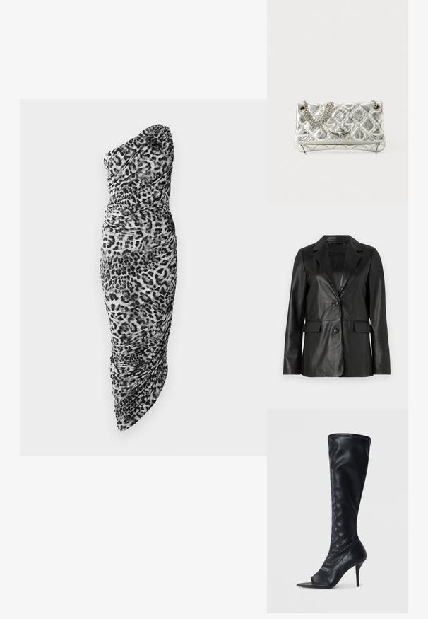 Czarna skórzana marynarka z wykładanym kołnierzem, dwoma przednimi kieszeniami, pojedynczym zapięciem na guzik i gładką fakturą. Dopasowany krój z długimi rękawami.; Czarna i biała sukienka w zygzaki z jednym ramiączkiem, z marszczonym materiałem i dopasowanym krojem, z asymetrycznym dołem.; Czarne syntetyczne skórzane kozaki do kolan z ostro zakończonym odkrytym palcem i wysokim szpilkowym obcasem. Chropowata cholewka i gładkie wykończenie.; Srebrna torebka metaliczna z łańcuszkowym uchwytem, pikowanym wzorem, dekoracyjnym haftem i zapięciem na zamek błyskawiczny. Posiada wytłoczone akcenty na przodzie.