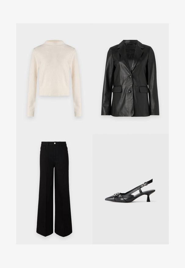 Blazer de cuero negro con cuello de muesca, dos bolsillos frontales, cierre de un solo botón y textura suave. Ajuste entallado con mangas largas.; Suéter de color crema, de manga larga y con cuello alto. Textura suave, cintura y puños acanalados. Tela ligera con un ligero brillo.; Pantalones de mezclilla negros de pierna ancha, hechos de una tela resistente, con una cintura alta, bolsillos frontales y un cierre de botón en la parte delantera. Dobladillo recto en la parte inferior.; Zapato de slingback negro de piel con punta afilada, correas decorativas con ojales de metal y un tacón bajo y ancho. Superficie texturizada.