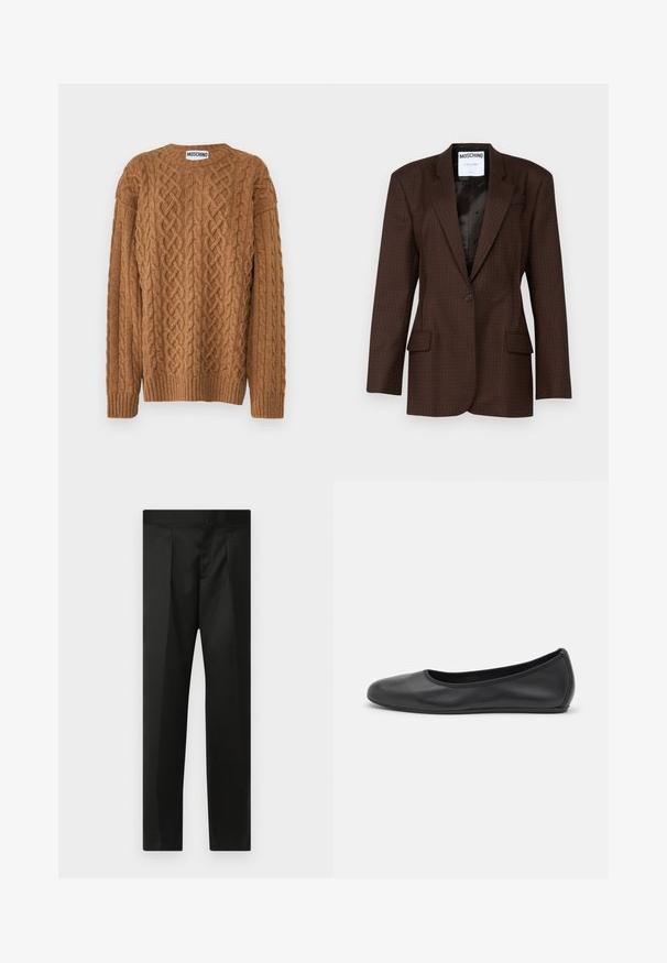 Brown patterned blazer made of textured fabric, featuring a single button closure, pointed lapels, and two front pockets. Black lining visible.; MOSCHINO MAGLIA - Jumper - marrone; Black trousers featuring a smooth fabric, tailored design, straight legs, and a flat waistband with no visible closures or pockets.; Black leather ballet flat with a rounded toe, smooth texture, minimal stitching detail, and a flexible sole design.