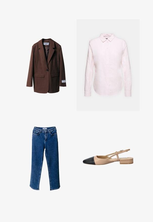 Brown pinstriped blazer with notched lapels, two front pockets, single button closure, and a label on the sleeve. Made from textured fabric.; Light pink long-sleeve shirt with a button-down collar, featuring a straight hem and soft texture, made from lightweight cotton fabric.; Blue denim wide-leg jeans with a high waist, featuring front pockets, contrasting stitching, and a relaxed fit.; Beige and black two-tone slingback shoe with a pointed toe, flat heel, and crisscross strap detail. Smooth leather texture.
