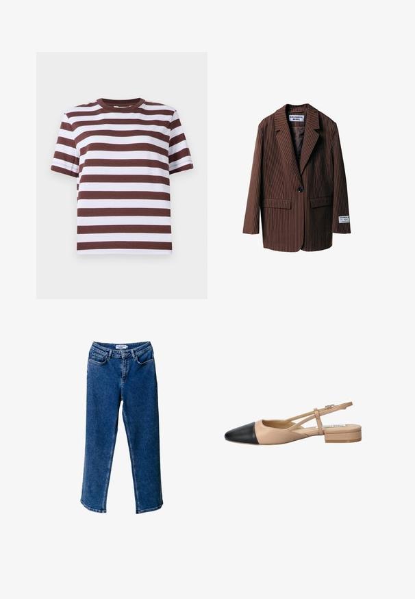 Brun stripete blazer med notched lapels, to frontlommer, enkel knappelukking, og et merke på ermet. Laget av teksturert stoff.; T-skjorte med korte ermer i burgunder og hvite horisontale striper, rund halsutringning og avslappet passform. Laget av myk bomull.; Blå denim bredbeinede bukser med høy midje, med frontlommer, kontraststing og avslappet passform.; Beige og svart to-farget slingback sko med spiss tå, flat hæl og krysset stroppe-detalj. Glatt lærtekstur.