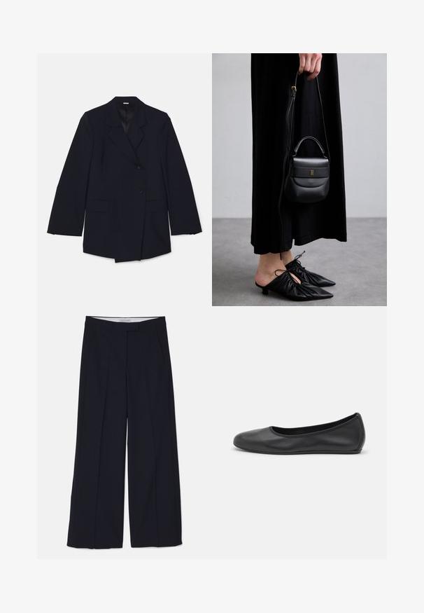 Blazer blu navy con rever a falde, due tasche frontali e design doppiopetto con chiusura a un bottone. Texture liscia.; Maglietta a maniche lunghe beige chiaro con colletto alto e zip sul retro, realizzata in un tessuto morbido e liscio; presenta un design aderente e un orlo dritto.; Pantaloni a gamba larga navy in un tessuto morbido e leggero. Presentano tasche anteriori e una vita sartoriale con un design pulito.; Pantofole da balletto nere in pelle con punta arrotondata, texture liscia, dettagli di cucitura minimi e design con suola flessibile.; Piccolo borsetta in pelle nera di forma rotonda, con maniglia superiore e tracolla removibile. Abbinata a un vestito in tessuto nero e scarpe a pieghe nere.