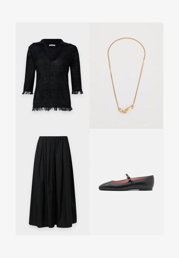 Schwarze Jacke mit hohem Kragen, ausgestattet mit sieben goldenen Knöpfen an der Vorderseite, enganliegendem Design, glatter Textur und maßgeschneiderter Silhouette.; Schwarzer Strickpullover mit V-Ausschnitt und Kragen. Mit 3/4-Ärmeln und Fransenverzierungen an den Bündchen und am Saum. Strukturierter Stoff.; Schwarzer, plissierter Rock aus leichtem Stoff mit elastischem Bund. Bodenlang mit glattem Textur und minimalistischer Gestaltung.; Schwarze Lederflats mit spitzem Zehenbereich und Knöchelriemen mit goldener Schnalle. Glatte Textur mit leicht glänzender Oberfläche.; Goldene Halskette mit einem gedrehten Design und einem rechteckigen Verschluss mit eingravierten Details. Glatte Textur, minimalistischer Stil.