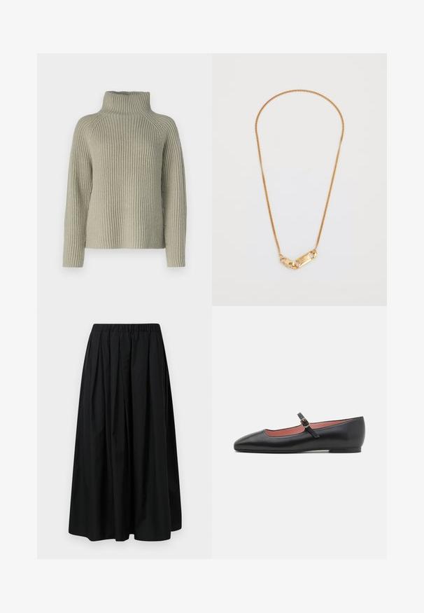 Črna jakna z visokim ovratnikom, ki ima sedem zlatih gumbov spredaj, prilegajoča se zasnova, gladka tekstura in krojena silhueta.; Svetlo zelena rebrasta turtleneck pulover z dolgimi rokavi in širokim krojem. Tekstura je grob pleten, z visokim ovratnikom za dodatno toploto.; Črna plisirana krila iz lahkega materiala z elastičnim pasom. Dolžina do tal z gladko teksturo in minimalističnim dizajnom.; Črne usnjene balerinke s koničastim nosom in zapenjanjem okoli gležnja, ki ima zlato sponko. Gladka tekstura z rahlo sijočim zaključkom.; Zlati verižica z zvitim dizajnom in pravokotno zaponko z vgraviranimi detajli. Gladka tekstura, minimalističen stil.