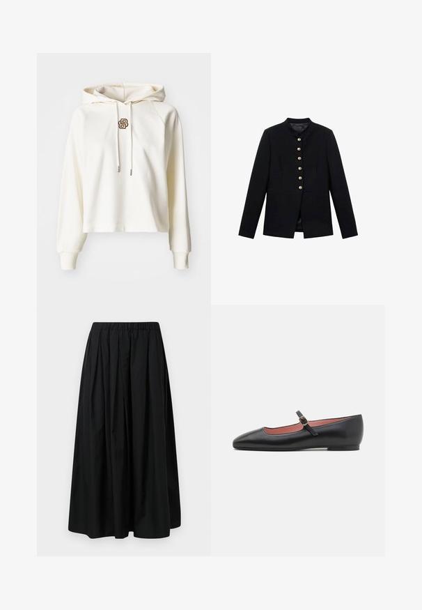 Čierna bunda s vysokým golierom, ktorá má sedem zlatých gombíkov na prednej strane, priliehavý strih, hladkú textúru a upravenú siluetu.; Krémová mikina s kapucňou a šnúrkami, s malým hnedým logom na prednej strane. Má dlhé rukávy a strih po pás. Mäkká textúra látky.; Čierna plisovaná sukňa vyrobená z ľahkého materiálu s elastickým pásom. Dlhá až po zem, s hladkou textúrou a minimalistickým dizajnom.; Čierna kožená plochá topánka s špicatou špičkou a členkovým remienkom, ktorý má zlatú sponu. Hladký povrch s mierne lesklým finišom.