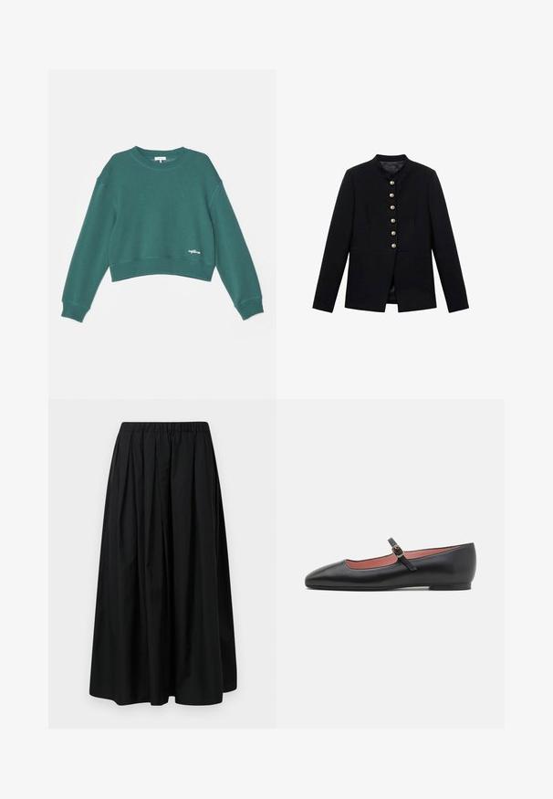 Black jacket with a high collar, featuring seven gold buttons down the front, close-fitting design, smooth texture, and tailored silhouette.; rag & bone VINTAGE TERRY - Sweatshirt - washdfo; Black pleated skirt made of lightweight fabric with an elastic waistband. Floor length with a smooth texture and minimalistic design.; Black leather flat shoe with a pointed toe and ankle strap featuring a gold buckle. Smooth texture with a slightly glossy finish.