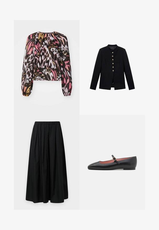 Jachetă neagră cu guler înalt, cu șapte nasturi aurii pe față, design ajustat, textură netedă și siluetă croit.; Bluză scurtă dintr-un material transparent, cu un imprimeu abstract multicolor în nuanțe de roz, negru și aur. Mâneci lungi, tip puff, și decolteu strâns.; Fustă plisată neagră dintr-un material ușor, cu un brâu elastic. Lungime până la podea, cu o textură netedă și un design minimal.; Pantofii flat din piele neagră cu vârf ascuțit și curea pentru glezne, dotată cu o cataramă aurie. Textură netedă cu un finisaj ușor lucios.