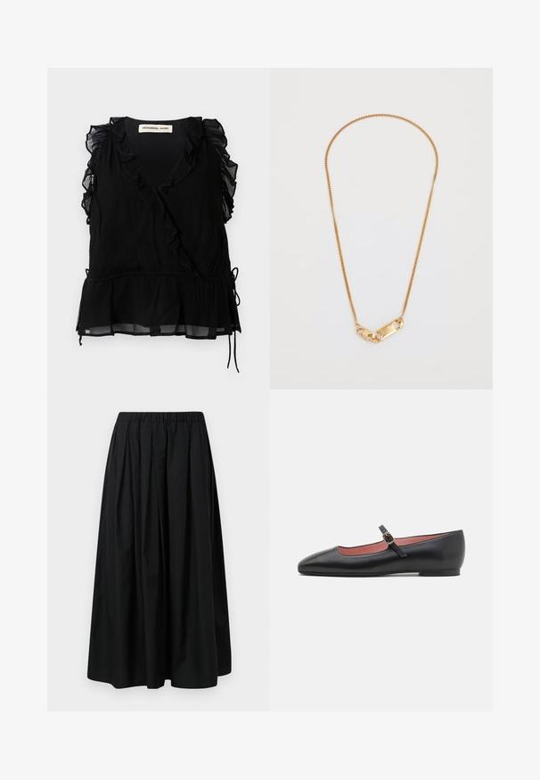 Musta takki korkealla kauluksella, jossa on seitsemän kultanappia edessä, tiukkanauha design, sileä pinta ja muotoiltu siluetti.; Mustat hihattomat yläosat, joissa on röyhelöreunat, V-pääntie ja levenevä helma. Valmistettu kevyestä kankaasta, jossa on tekstuuripinta ja kiristysnauha.; Mustat laskostettu hame, joka on valmistettu kevyestä kankaasta ja jossa on joustava vyötärö. Lattian pituinen, sileä tekstuuri ja minimalistinen muotoilu.; Musta nahkakengät, joissa on terävä kärki ja nilkkahihna, jossa on kultainen solki. Sileä pinta, jossa on hieman kiiltävä viimeistely.; Kultaketju, jossa on kierteinen muotoilu ja suorakulmainen suljin, jossa on kaiverrettu koriste. Sujuva pinta, minimalistinen tyyli.