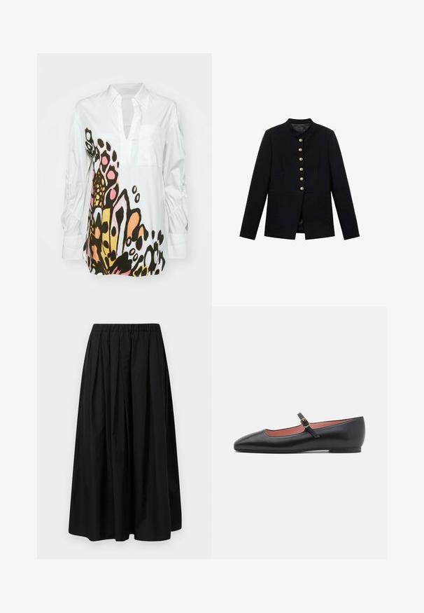 Črna jakna z visokim ovratnikom, ki ima sedem zlatih gumbov spredaj, prilegajoča se zasnova, gladka tekstura in krojena silhueta.; Bela bluza z dolgimi rokavi, ki prikazuje barvito metuljasto vzorje v črni, roza in oranžni barvi; ima ovratnik in žep na prsih. Mehka tekstura tkanine.; Črna plisirana krila iz lahkega materiala z elastičnim pasom. Dolžina do tal z gladko teksturo in minimalističnim dizajnom.; Črne usnjene balerinke s koničastim nosom in zapenjanjem okoli gležnja, ki ima zlato sponko. Gladka tekstura z rahlo sijočim zaključkom.