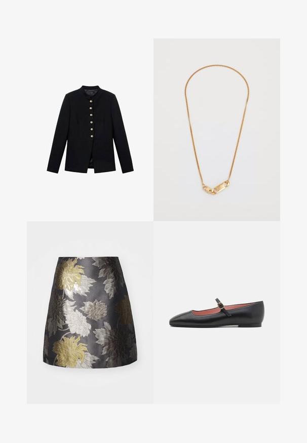 Veste noire avec col haut, comportant sept boutons dorés sur le devant, design ajusté, texture lisse et silhouette cintrée.; Haut noir à manches longues avec col drapé, fabriqué à partir d'un tissu doux et lisse ; design ajusté avec ourlet droit et sans coutures visibles.; Jupe brodée florale en gris foncé, présentant des motifs de fleurs argentées et dorées, texture lisse et design ajusté avec un ourlet évasé.; Chaussure plate en cuir noir avec un bout pointu et une sangle au niveau de la cheville, ornée d'une boucle en or. Texture lisse avec une finition légèrement brillante.; Collier en or avec un design torsadé et un fermoir rectangulaire présentant des détails gravés. Texture lisse, style minimaliste.