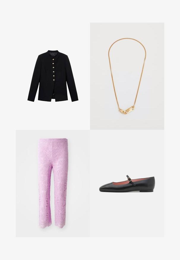 Giacca nera con colletto alto, caratterizzata da sette bottoni dorati davanti, design aderente, texture liscia e silhouette sartoriale.; Maglietta nera a maniche lunghe con collo a cascata, realizzata in un tessuto morbido e liscio; design aderente con orlo dritto e senza cuciture visibili.; Pantaloni in pizzo rosa con orlo a scollatura, caratterizzati da motivi floreali intricati. Il tessuto appare leggero e strutturato, progettato per una silhouette aderente.; Scarpa piatta nera in pelle con punta a forma appuntita e cinturino alla caviglia dotato di una fibbia d'oro. Texture liscia con una finitura leggermente lucida.; Collana di catena d'oro con design attorcigliato e chiusura rettangolare con dettagli incisi. Texture liscia, stile minimalista.
