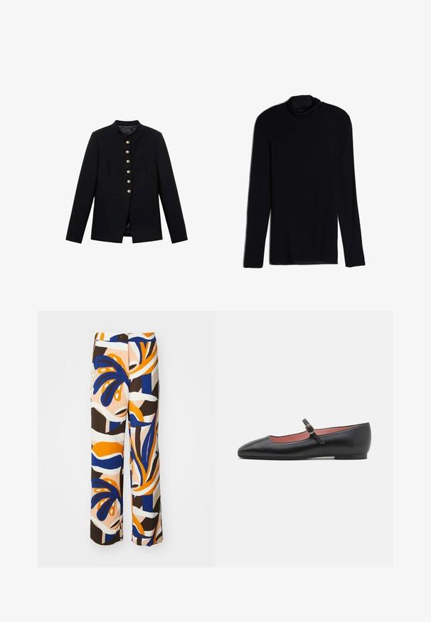 Black jacket with a high collar, featuring seven gold buttons down the front, close-fitting design, smooth texture, and tailored silhouette.; Black long-sleeve top with a cowl neck, made from a soft, smooth fabric; fitted design with straight hem and no visible seams.; Wide-leg trousers in a multicolored pattern featuring blue, orange, and brown hues. Made of lightweight fabric with abstract floral designs.; Black leather flat shoe with a pointed toe and ankle strap featuring a gold buckle. Smooth texture with a slightly glossy finish.