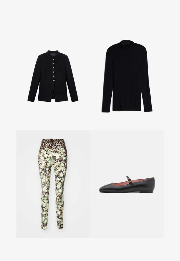Veste noire avec col haut, comportant sept boutons dorés sur le devant, design ajusté, texture lisse et silhouette cintrée.; Haut noir à manches longues avec col drapé, fabriqué à partir d'un tissu doux et lisse ; design ajusté avec ourlet droit et sans coutures visibles.; Leggings avec une taille en imprimé léopard, un motif floral jaune et vert, un design ajusté, avec des graphismes noirs sur le bas des jambes.; Chaussure plate en cuir noir avec un bout pointu et une sangle au niveau de la cheville, ornée d'une boucle en or. Texture lisse avec une finition légèrement brillante.