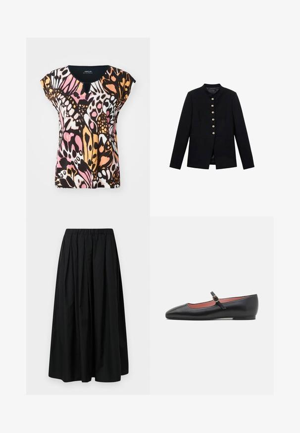 Schwarze Jacke mit hohem Kragen, ausgestattet mit sieben goldenen Knöpfen an der Vorderseite, enganliegendem Design, glatter Textur und maßgeschneiderter Silhouette.; Kurzärmliges Oberteil mit einem bunten Schmetterlingsmuster in Pink, Orange, Schwarz und Weiß. Schlüsselhole-Detail am Ausschnitt und weicher Textur.; Schwarzer, plissierter Rock aus leichtem Stoff mit elastischem Bund. Bodenlang mit glattem Textur und minimalistischer Gestaltung.; Schwarze Lederflats mit spitzem Zehenbereich und Knöchelriemen mit goldener Schnalle. Glatte Textur mit leicht glänzender Oberfläche.