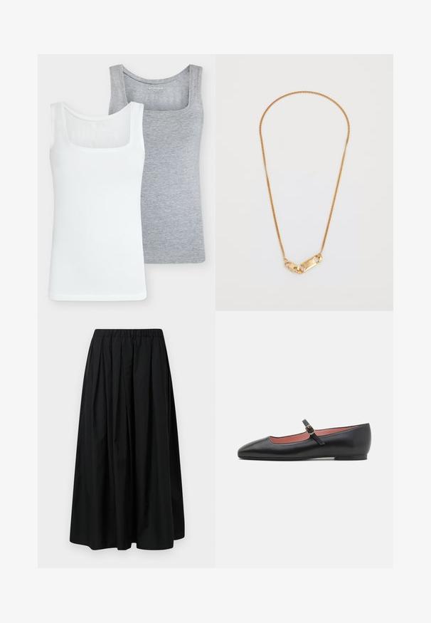 Jachetă neagră cu guler înalt, cu șapte nasturi aurii pe față, design ajustat, textură netedă și siluetă croit.; Două tricouri fără mâneci: unul alb, iar celălalt gri deschis. Ambele au un decolteu pătrat, un design fără mâneci și sunt realizate dintr-un material din bumbac moale, având o formă ajustată.; Fustă plisată neagră dintr-un material ușor, cu un brâu elastic. Lungime până la podea, cu o textură netedă și un design minimal.; Pantofii flat din piele neagră cu vârf ascuțit și curea pentru glezne, dotată cu o cataramă aurie. Textură netedă cu un finisaj ușor lucios.; Colier din aur cu un design răsucit și un clip dreptunghiular cu detalii gravate. Textură netedă, stil minimalist.