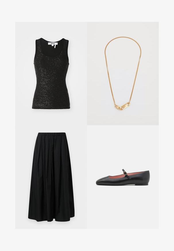 Čierna bunda s vysokým golierom, ktorá má sedem zlatých gombíkov na prednej strane, priliehavý strih, hladkú textúru a upravenú siluetu.; Čierny bezrukávový top vyrobený z textilného materiálu s detailmi z flitrov. Má okrúhly výstrih a rebrované okraje. Viditeľná značka.; Čierna plisovaná sukňa vyrobená z ľahkého materiálu s elastickým pásom. Dlhá až po zem, s hladkou textúrou a minimalistickým dizajnom.; Čierna kožená plochá topánka s špicatou špičkou a členkovým remienkom, ktorý má zlatú sponu. Hladký povrch s mierne lesklým finišom.; Zlatý reťazec s náhrdelníkom so skrúteným dizajnom a obdĺžnikovým zapínaním s vyrytými detailmi. Hladká textúra, minimalistický štýl.