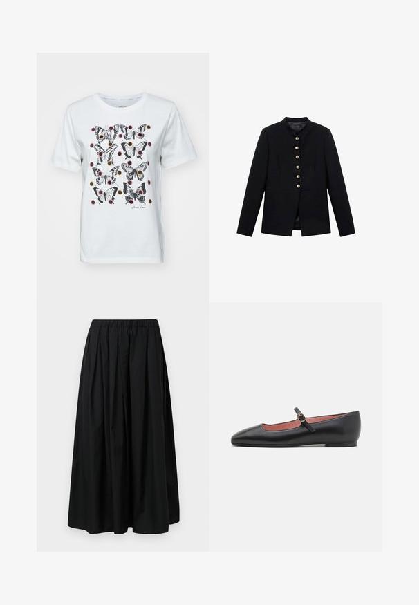 Schwarze Jacke mit hohem Kragen, ausgestattet mit sieben goldenen Knöpfen an der Vorderseite, enganliegendem Design, glatter Textur und maßgeschneiderter Silhouette.; Weißes Baumwoll-T-Shirt mit einem Druck von schwarzen und bunten Schmetterlingen sowie kreisförmigen Akzenten. Kurzärmeliges Design mit Rundhalsausschnitt.; Schwarzer, plissierter Rock aus leichtem Stoff mit elastischem Bund. Bodenlang mit glattem Textur und minimalistischer Gestaltung.; Schwarze Lederflats mit spitzem Zehenbereich und Knöchelriemen mit goldener Schnalle. Glatte Textur mit leicht glänzender Oberfläche.