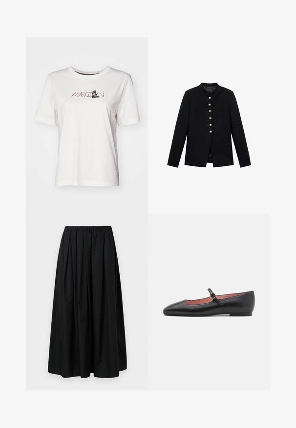 Črna jakna z visokim ovratnikom, ki ima sedem zlatih gumbov spredaj, prilegajoča se zasnova, gladka tekstura in krojena silhueta.; Bela bombažna majica s kratkimi rokavi, okroglo izrezana in s potiskom, ki vključuje besedo "MARCCAIN" ter ilustracijo mačke.; Črna plisirana krila iz lahkega materiala z elastičnim pasom. Dolžina do tal z gladko teksturo in minimalističnim dizajnom.; Črne usnjene balerinke s koničastim nosom in zapenjanjem okoli gležnja, ki ima zlato sponko. Gladka tekstura z rahlo sijočim zaključkom.