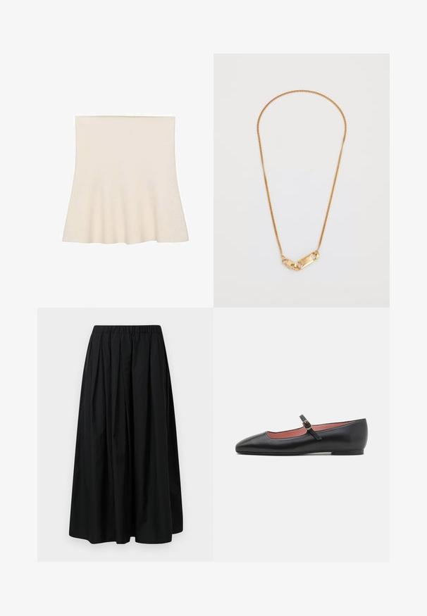Sort jakke med høj krave, der har syv guldknapper foran, tætsiddende design, glat tekstur og skræddersyet silhuet.; Udvidet skater-syg i krem, lavet af blødt stof. Har en glat overflade og et samlet design ved kanten, der skaber en subtil bevægelse.; Sort plisseret nederdel lavet af letvægtsstof med elastisk talje. Gulvlængde med en glat tekstur og minimalistisk design.; Sorte lædersandaler med spids tå og ankelrem, der har en gylden spænde. Glat tekstur med en let blank finish.; Guldkæde med en snoet design og en rektangulær lås med indgraverede detaljer. Glat tekstur, minimalistisk stil.