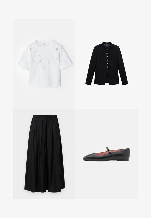 Musta takki korkealla kauluksella, jossa on seitsemän kultanappia edessä, tiukkanauha design, sileä pinta ja muotoiltu siluetti.; Valkoinen lyhythihainen T-paita, joka on varustettu brodeeratulla kukkakuviolla ja leikkauksilla edessä. Valmistettu pehmeästä kankaasta, pyöreä pääntie.; Mustat laskostettu hame, joka on valmistettu kevyestä kankaasta ja jossa on joustava vyötärö. Lattian pituinen, sileä tekstuuri ja minimalistinen muotoilu.; Musta nahkakengät, joissa on terävä kärki ja nilkkahihna, jossa on kultainen solki. Sileä pinta, jossa on hieman kiiltävä viimeistely.