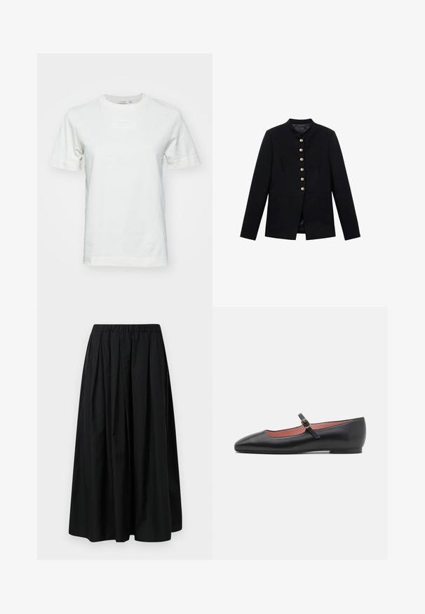 Giacca nera con colletto alto, caratterizzata da sette bottoni dorati davanti, design aderente, texture liscia e silhouette sartoriale.; T-shirt bianca in cotone con maniche corte, colletto tondo e logo "LACOSTE" in rilievo sul davanti. Tessuto morbido con una vestibilità regolare.; Gonna nera plissettata realizzata in tessuto leggero con una vita elastica. Lunghezza fino al pavimento con una texture liscia e un design minimalista.; Scarpa piatta nera in pelle con punta a forma appuntita e cinturino alla caviglia dotato di una fibbia d'oro. Texture liscia con una finitura leggermente lucida.