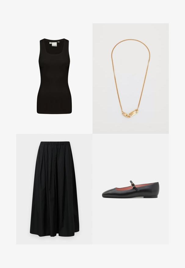 Giacca nera con colletto alto, caratterizzata da sette bottoni dorati davanti, design aderente, texture liscia e silhouette sartoriale.; Top nero senza maniche realizzato in un tessuto liscio e elastico. Presenta un collo rotondo e spalline larghe, con un design aderente e senza cuciture.; Gonna nera plissettata realizzata in tessuto leggero con una vita elastica. Lunghezza fino al pavimento con una texture liscia e un design minimalista.; Scarpa piatta nera in pelle con punta a forma appuntita e cinturino alla caviglia dotato di una fibbia d'oro. Texture liscia con una finitura leggermente lucida.; Collana di catena d'oro con design attorcigliato e chiusura rettangolare con dettagli incisi. Texture liscia, stile minimalista.