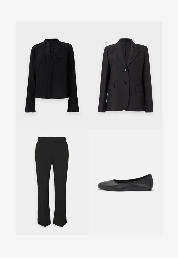Blazer negru cu rever clasic, închidere cu un singur nasture, două buzunare frontale și textură de stofă netedă. Design clasic, croit cu precizie.; Bluză neagră cu mâneci lungi, design fără guler, față pliselată și manșete detaliate cu bijuterii intricate. Textură netedă.; Pantaloni negri, croiți pe picior drept, cu bucle pentru curea și buzunare laterale. Fabricate dintr-un material neted, cu un finisaj curat.; Balerini din piele neagră, cu vârf rotund, textură netedă, detalii de cusătură minimale și un design al tălpii flexibil.
