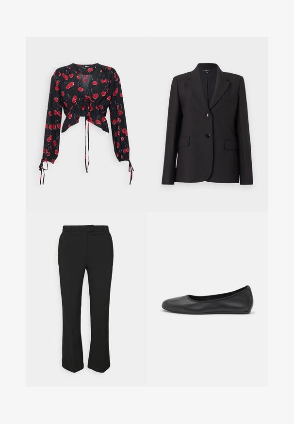 Blazer nero con revers a lancia, chiusura a un bottone, due tasche frontali e tessuto dalla texture liscia. Design classico e su misura.; Blusa nera con maniche lunghe, legata davanti. Caratterizzata da una stampa di ciliegie rosse e polsini elastici. Tessuto leggero e fluido con scollatura a V.; Pantaloni neri su misura con design a gamba dritta, dotati di passanti per cintura e tasche laterali. Realizzati in tessuto liscio con una finitura pulita.; Pantofole da balletto nere in pelle con punta arrotondata, texture liscia, dettagli di cucitura minimi e design con suola flessibile.