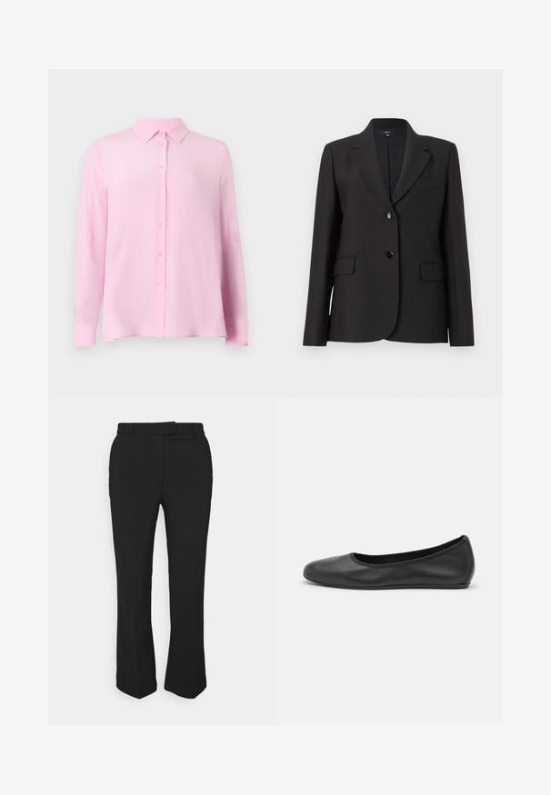 Black blazer with a notched lapel, single button closure, two front pockets, and smooth fabric texture. Classic tailored design.; Light pink blouse with a classic collar, long sleeves, and button front. The material appears smooth and slightly sheer.; Black tailored pants with a straight-leg design, featuring belt loops and side pockets. Made from smooth fabric with a clean finish.; Black leather ballet flat with a rounded toe, smooth texture, minimal stitching detail, and a flexible sole design.