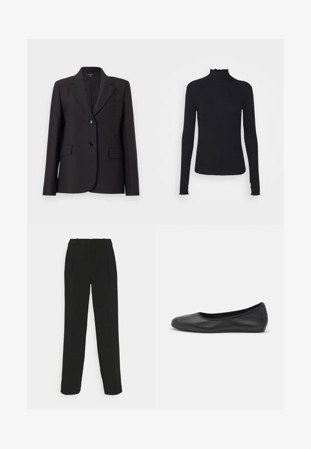 Must värvitud bleiser, millel on kergelt lõigatud krae, ühe nupuga kinnitamine, kaks eesmist taskut ja sile kangakonstruktsioon. Klassiselt kohandatud disain.; Must kannus varrukatega turtleneck, mis on valmistatud siledast kangast, koos rippuvate kraede ja liibuva siluetiga, millel on lihtsad servad.; Mustad kohandatud püksid otse lõikega, kõrge vöökoha, kortsude ja sileda tekstuuriga.; Musthave mustika tantsutossud mustast nahast, ümmarguse varbaga, siledast tekstuurist, minimaalse õmblusdetailiga ja paindliku tallakujundusega.